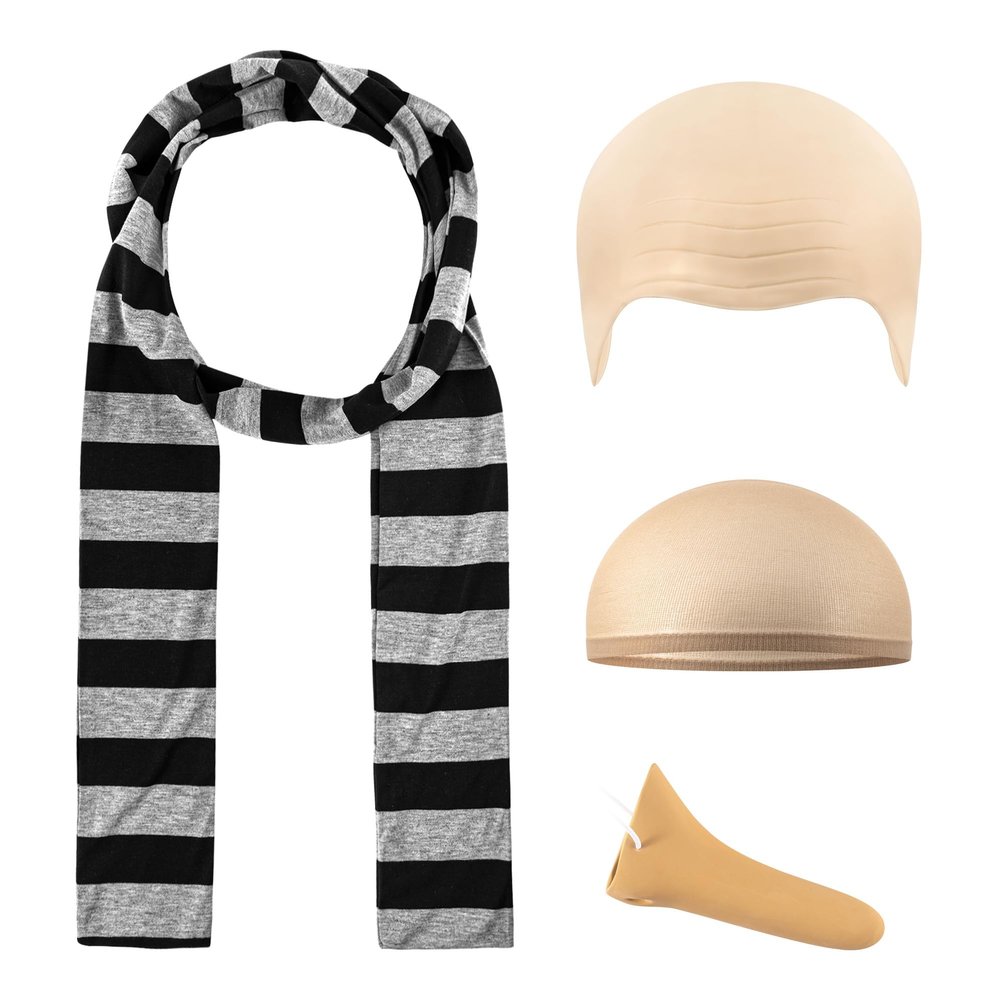 4 Pcs Adults Costume Accessories Set, Black Gray Striped Scarf Fake Nose Latex Bald Head Wig Cap, Cosplay Classic Characters Gru Halloween Party Set
