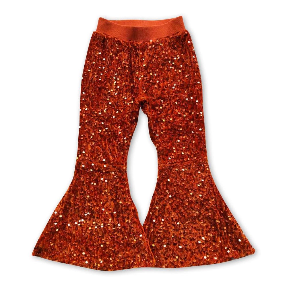Yawoo Haan Shinny Baby Girls Bell Bottom Sequins Pants Dark Orange