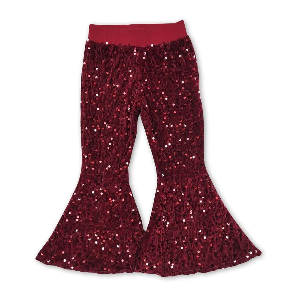 Yawoo Haan Shinny Baby Girls Bell Bottom Sequins Pants Maroon