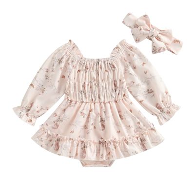 BULINGNA Newborn Infant Baby Girl Clothes Long Sleeve Floral Romper Dress Ruched Princess Skirt Headband Birthday Clothes (Pink, 0-3 Months)