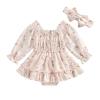 BULINGNA Newborn Infant Baby Girl Clothes Long Sleeve Floral Romper Dress Ruched Princess Skirt Headband Birthday Clothes (Pink, 0-3 Months) view 1