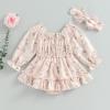 BULINGNA Newborn Infant Baby Girl Clothes Long Sleeve Floral Romper Dress Ruched Princess Skirt Headband Birthday Clothes (Pink, 0-3 Months) view 2