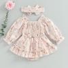 BULINGNA Newborn Infant Baby Girl Clothes Long Sleeve Floral Romper Dress Ruched Princess Skirt Headband Birthday Clothes (Pink, 0-3 Months) view 3