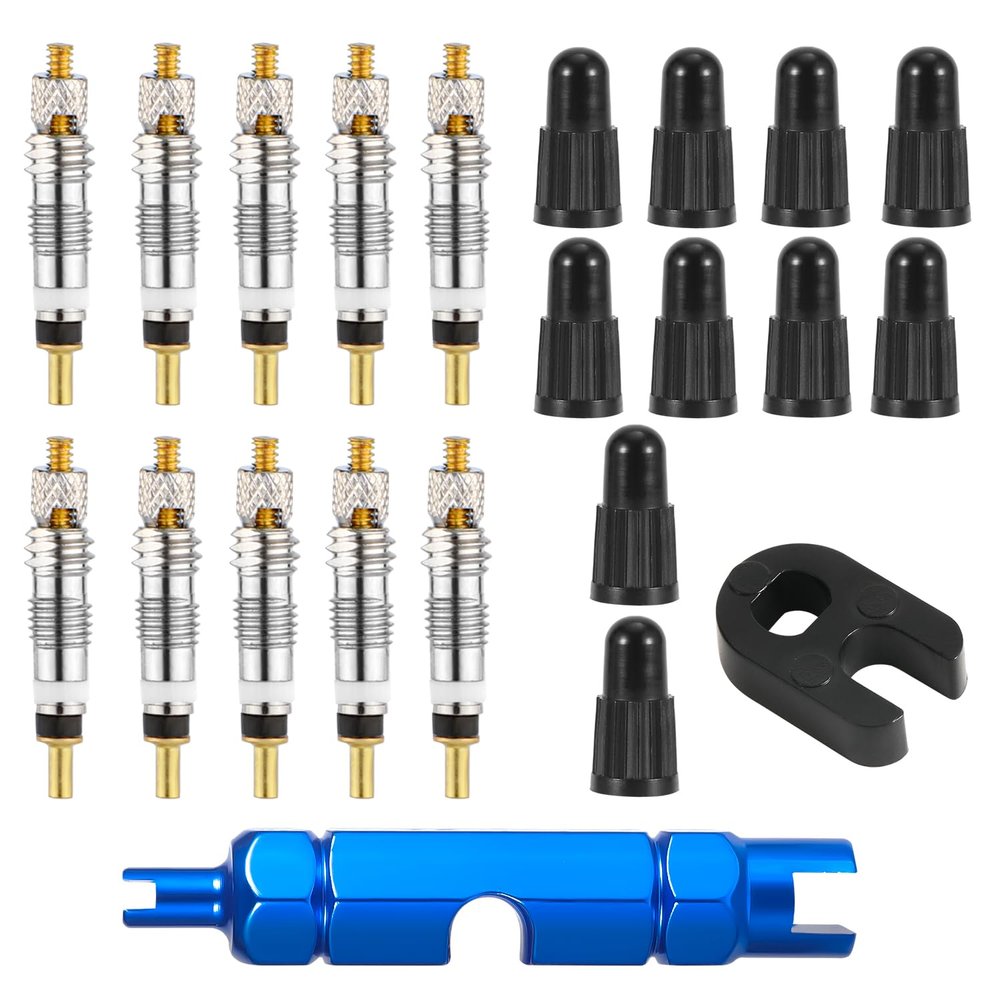 10pcs Valve Core, Tubeless Valve Core Bike Replacement with 1 Disassembly Wrench & 1 Alloy Valve Core Dismantle Tools & 10 Valve Core Caps Bicycle Valve Core for Tubeless Road MTB Bike Tires
