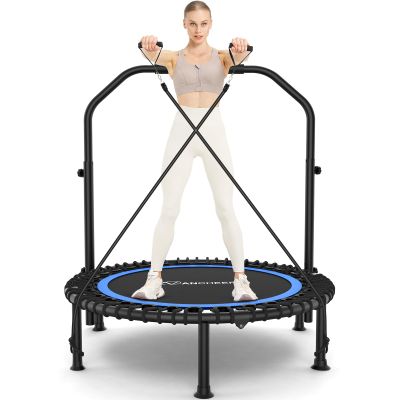 ANCHEER 40" Foldable Mini Trampoline - Max Load 350lbs - 450lbs Indoor Trampoline - with 4 Level Adjustable Foam Handle and Resistance Bands - Adult Exercise Trampoline for Home, Gym and Garden(Blue)