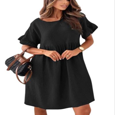 utcoco Womens Summer Dress Casual Loose Cute Ruffle Round Neck Short Sleeve A Line Pleated Mini Dress (XX-Large, Black)