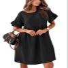 utcoco Womens Summer Dress Casual Loose Cute Ruffle Round Neck Short Sleeve A Line Pleated Mini Dress (XX-Large, Black) view 1
