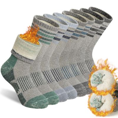 SeeyAN Kids Merino Wool Hiking Socks Boys Girls Thermal Winter Warm Boot Toddlers Thick Cushion Socks 4 Pairs (4 Pairs Grey Stripe A, 8-12 Years)