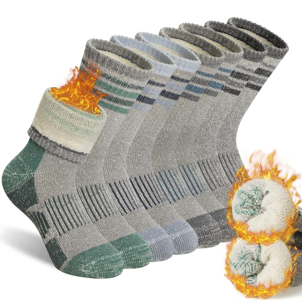 SeeyAN Kids Merino Wool Hiking Socks Boys Girls Thermal Winter Warm Boot Toddlers Thick Cushion Socks 4 Pairs (4 Pairs Grey Stripe A, 8-12 Years)
