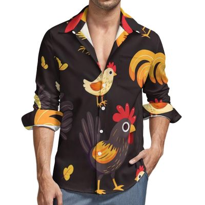 Farmhouse Rooster Chicken Hen Men's Long-Sleeve Button Down Shirts Hawaiian Beach Shirt Casual Blouse Top 3XL