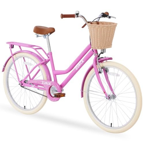 Arbacipher 24 Inch Girls Bike for Kids Ages 10+Years, Single Speed Kids' Bicycles with Basket, Kids Beach Cruiser Bike with Front V-Type Brake + Rear Reverse Brake (Pink)