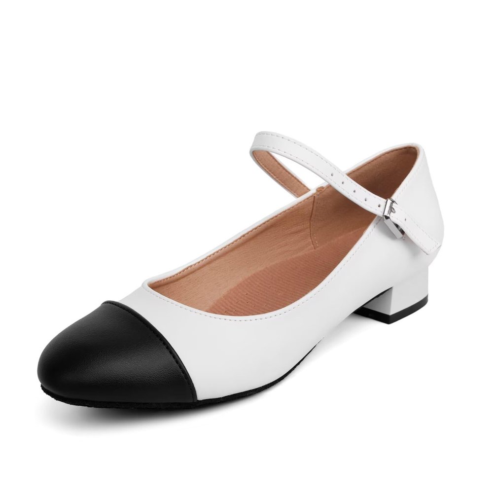 Asyusyu Character Shoes for Women Dance Shoes,Stylish Ankle Strap Low Heels for Ballroom,Salsa,Tango-9,White&Black