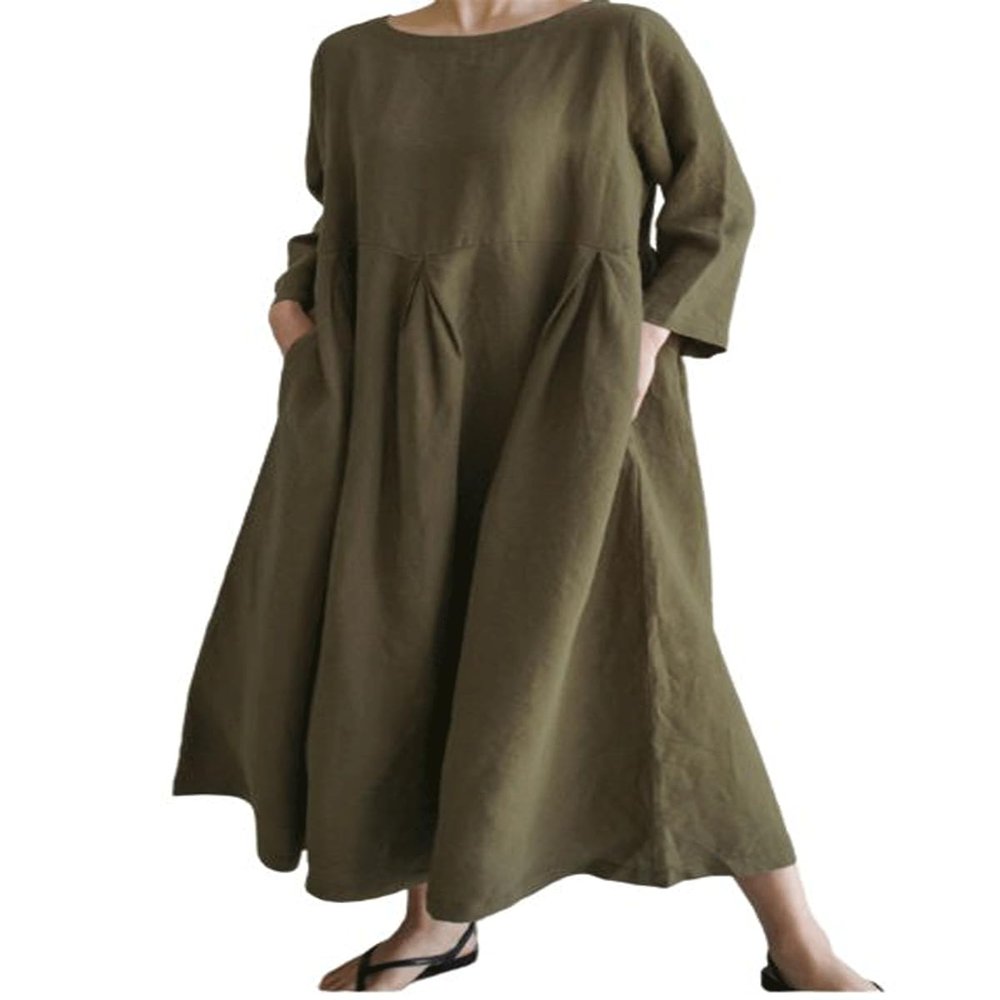utcoco Women's Linen Dress Casual Loose Crewneck 3/4 Sleeve Pleated Ruffle Oversized Long Maxi Dress (X-Large, Army Green)