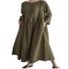 utcoco Women's Linen Dress Casual Loose Crewneck 3/4 Sleeve Pleated Ruffle Oversized Long Maxi Dress (X-Large, Army Green) view 1