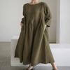 utcoco Women's Linen Dress Casual Loose Crewneck 3/4 Sleeve Pleated Ruffle Oversized Long Maxi Dress (X-Large, Army Green) view 2