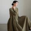 utcoco Women's Linen Dress Casual Loose Crewneck 3/4 Sleeve Pleated Ruffle Oversized Long Maxi Dress (X-Large, Army Green) view 3