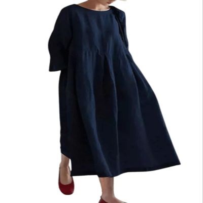utcoco Women's Linen Dress Casual Loose Crewneck 3/4 Sleeve Pleated Ruffle Oversized Long Maxi Dress (X-Large, Navy Blue)