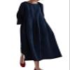 utcoco Women's Linen Dress Casual Loose Crewneck 3/4 Sleeve Pleated Ruffle Oversized Long Maxi Dress (X-Large, Navy Blue) view 1
