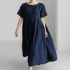utcoco Women's Linen Dress Casual Loose Crewneck 3/4 Sleeve Pleated Ruffle Oversized Long Maxi Dress (X-Large, Navy Blue) view 2