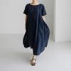 utcoco Women's Linen Dress Casual Loose Crewneck 3/4 Sleeve Pleated Ruffle Oversized Long Maxi Dress (X-Large, Navy Blue) view 3