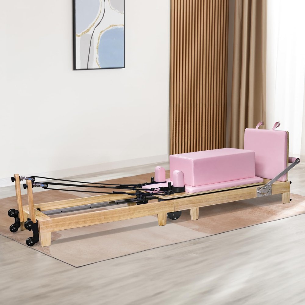 Pilates Reformer Home Equipment All-in-One Rubber Wood Foldable Pilates Bed Exercise Strength Training Foldable Reformer Equipment for Studio Home Gym Yoga Exercise Silent Pilates Chair - Pink