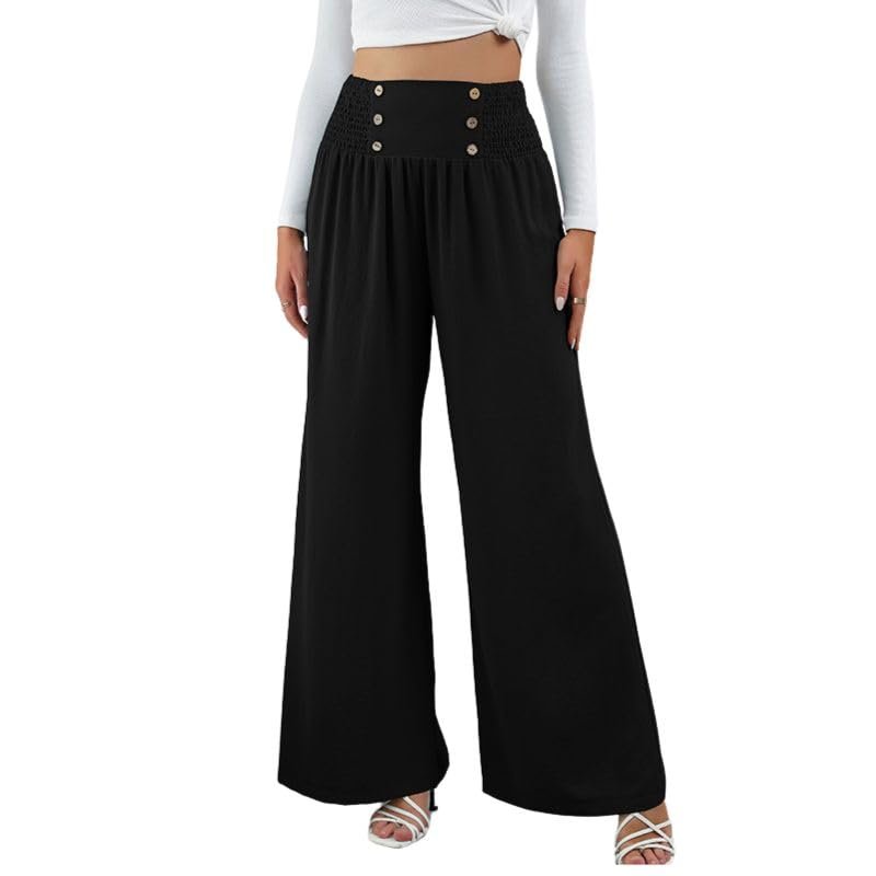 utcoco Women's Autumn Fashion Palazzo Pants Casual Button Pleated Elastic High Waisted Long Wide Leg Trousers (Small, Black)