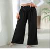 utcoco Women's Autumn Fashion Palazzo Pants Casual Button Pleated Elastic High Waisted Long Wide Leg Trousers (Small, Black) view 2