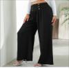 utcoco Women's Autumn Fashion Palazzo Pants Casual Button Pleated Elastic High Waisted Long Wide Leg Trousers (Small, Black) view 4