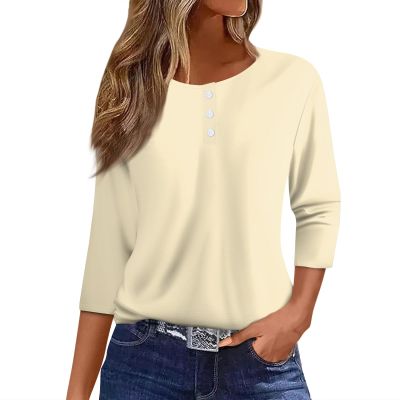 3/4 Sleeve Tops for Women Henley Crew Neck T Shirts Button Three Quarter Length Fall Blouses Dressy Casual Cute Shirts 2025 3/4 Length Sleeve Womens Tops, Beige, Small