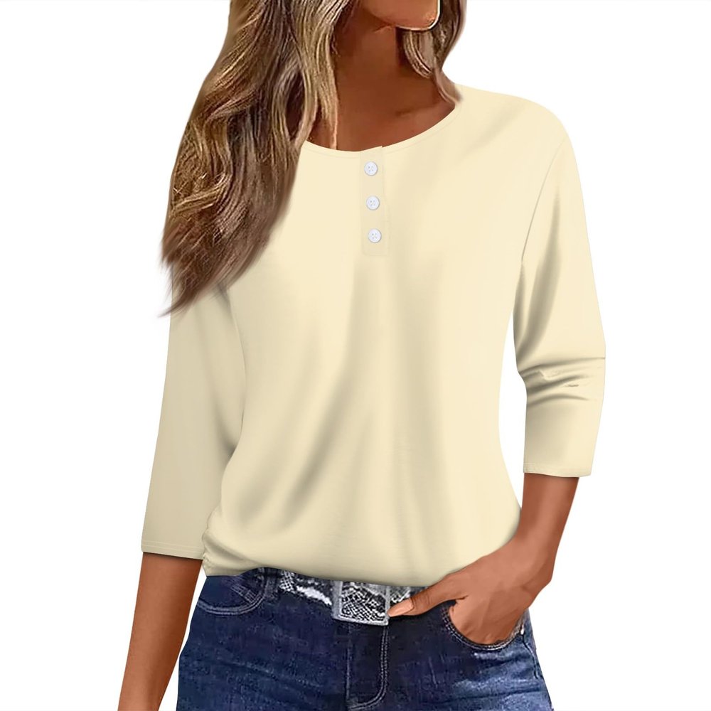 3/4 Sleeve Tops for Women Henley Crew Neck T Shirts Button Three Quarter Length Fall Blouses Dressy Casual Cute Shirts 2025 3/4 Length Sleeve Womens Tops, Beige, Small