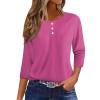 3/4 Sleeve Tops for Women Henley Crew Neck T Shirts Button Three Quarter Length Fall Blouses Dressy Casual Cute Shirts 2025 3/4 Length Sleeve Womens Tops, Hot Pink, XX-Large view 1