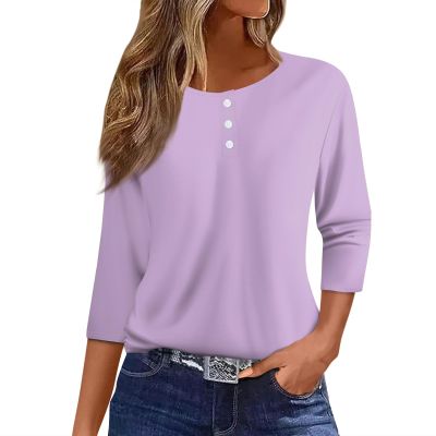 3/4 Sleeve Tops for Women Henley Crew Neck T Shirts Button Three Quarter Length Fall Blouses Dressy Casual Cute Shirts 2025 3/4 Length Sleeve Womens Tops, Light Purple, X-Large