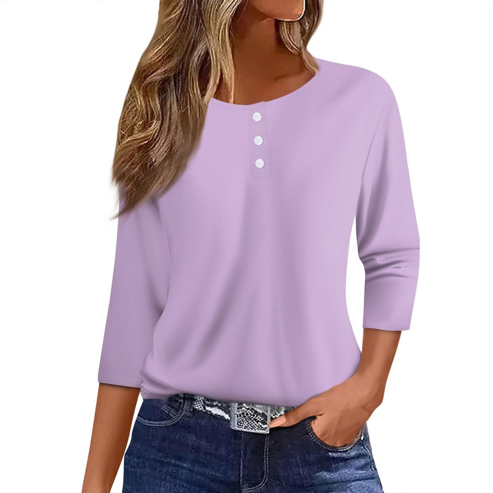 3/4 Sleeve Tops for Women Henley Crew Neck T Shirts Button Three Quarter Length Fall Blouses Dressy Casual Cute Shirts 2025 3/4 Length Sleeve Womens Tops, Light Purple, X-Large