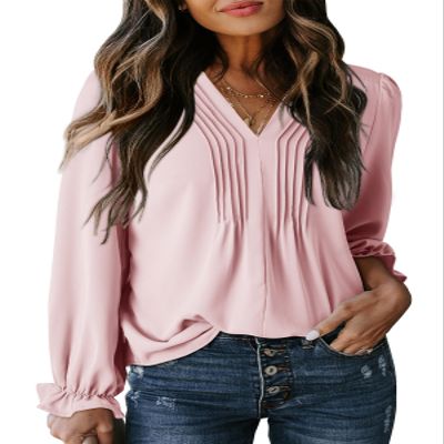 Dokotoo Long Sleeve Shirts for Women Fashion 2025 Fall Tops Dressy Casual Blouses Pleated V Neck Tunic Tops Casual Loose Pink T Shirts Ladies Business Outfits X-Large