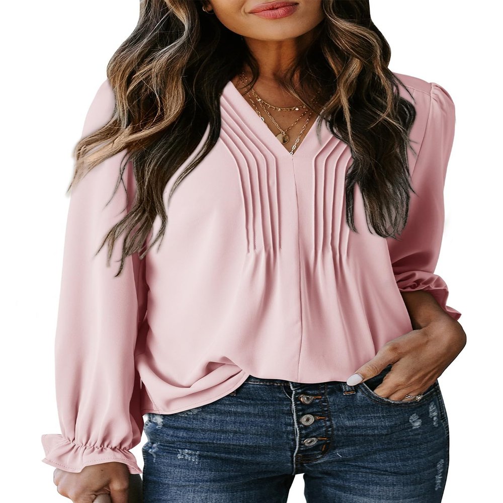 Dokotoo Long Sleeve Shirts for Women Fashion 2025 Fall Tops Dressy Casual Blouses Pleated V Neck Tunic Tops Casual Loose Pink T Shirts Ladies Business Outfits X-Large
