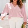 Dokotoo Long Sleeve Shirts for Women Fashion 2025 Fall Tops Dressy Casual Blouses Pleated V Neck Tunic Tops Casual Loose Pink T Shirts Ladies Business Outfits X-Large view 3