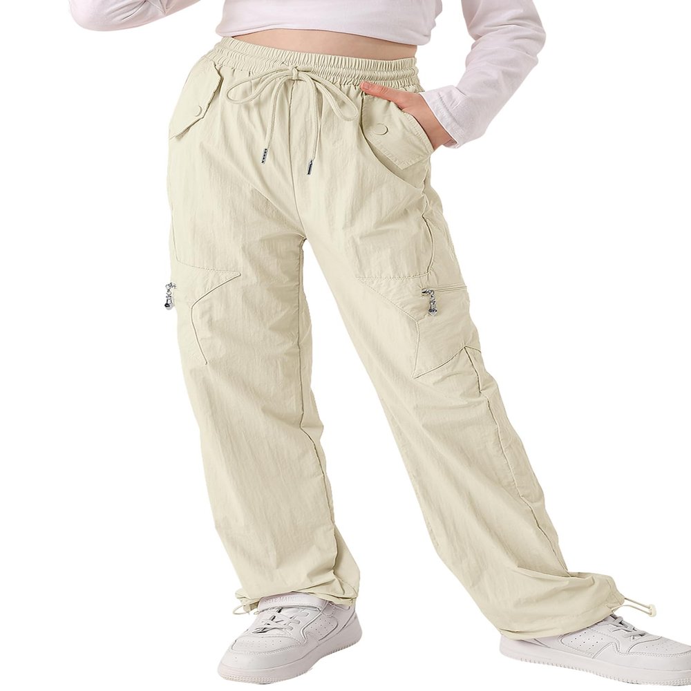 LIFAky Girls Cargo Pants Parachute Elastic Waist Star Pockets Y2K Heart Zipper Wide Leg Pants Size 8-10 Beige