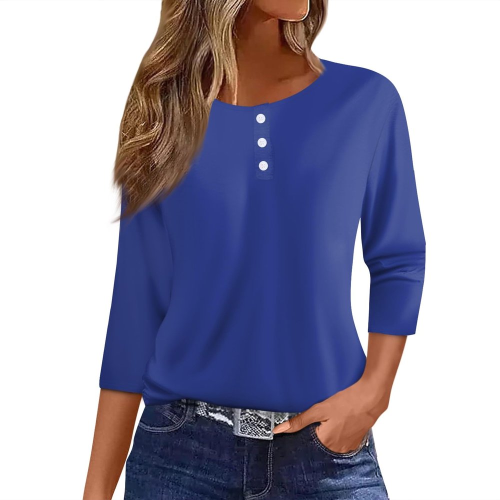 3/4 Sleeve Tops for Women Henley Crew Neck T Shirts Button Three Quarter Length Fall Blouses Dressy Casual Cute Shirts 2025 3/4 Length Sleeve Womens Tops, Dark Blue, 3X-Large