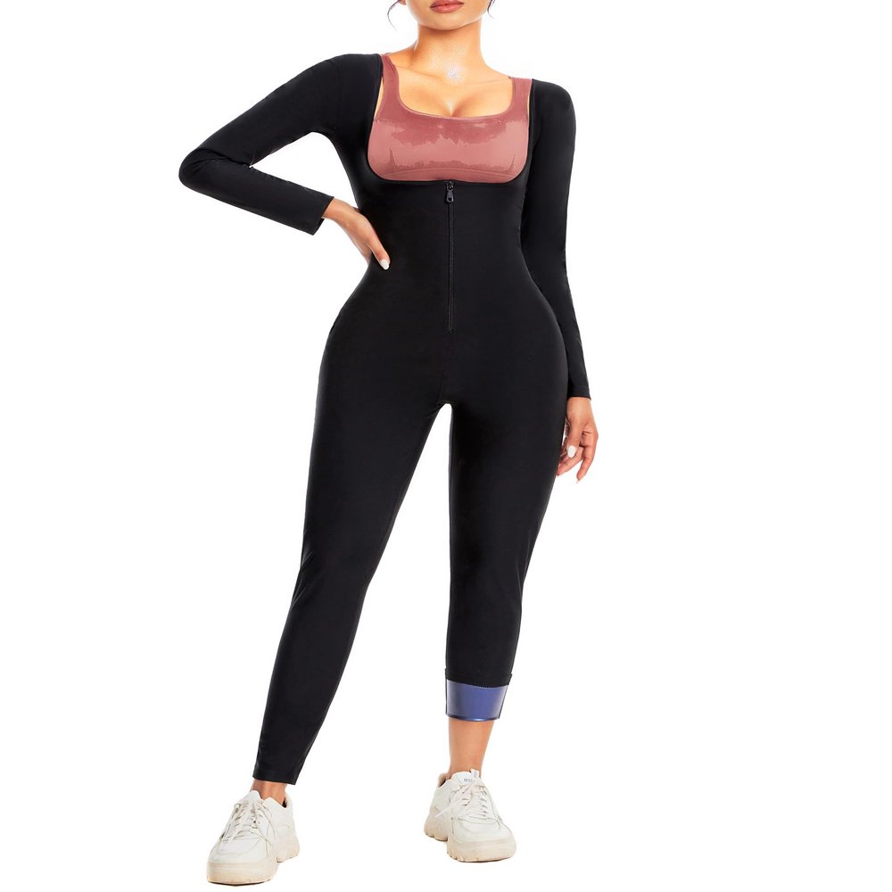CEIUEO Sauna Suit for Women Full Body Waist Trainer for Belly Fat Sauna Jumpsuit Workout Sweat Suit(BK L)