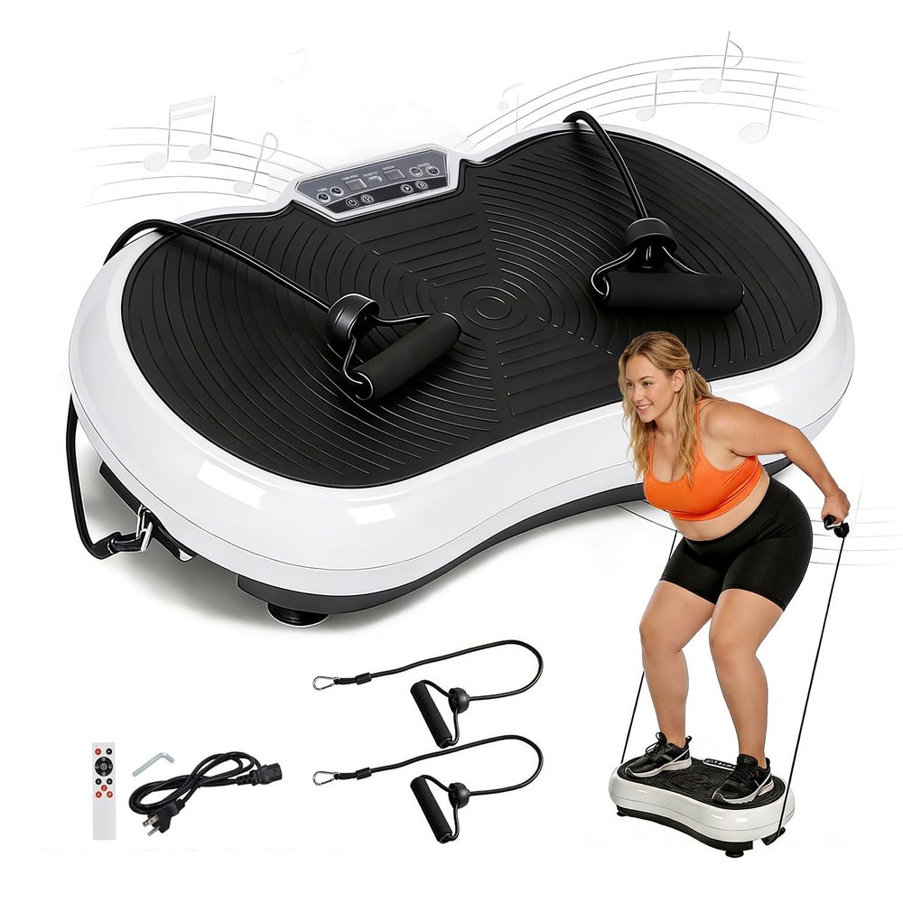 SUPER DEAL Pro Vibration Plate Exercise Machine - Whole Body Workout Vibration Fitness Platform Fit Massage Workout Trainer w/Loop Bands + Bluetooth + Remote, 99 Levels (White)