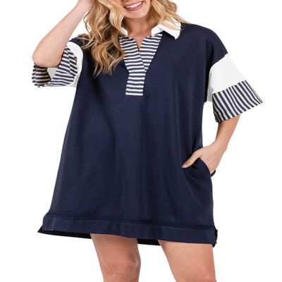chouyatou Women's Summer V-Neck Polo Collared Mini Dress Loose Casual Striped Splicing T-Shirt Dress (Large, Navy Blue)