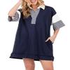 chouyatou Women's Summer V-Neck Polo Collared Mini Dress Loose Casual Striped Splicing T-Shirt Dress (Large, Navy Blue) view 1