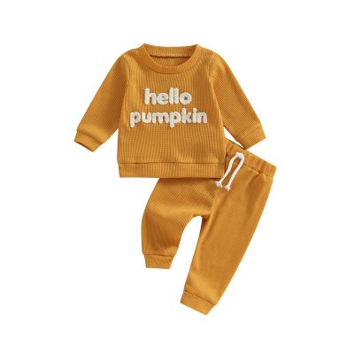 aporake Baby Boy Clothes Fall Winter Outfits Embroidered Long Sleeve Sweatshirt Tops Pants Set Halloween Waffle Knit Clothing (Brown-pumpkin, 3-6 Months)