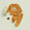 aporake Baby Boy Clothes Fall Winter Outfits Embroidered Long Sleeve Sweatshirt Tops Pants Set Halloween Waffle Knit Clothing (Brown-pumpkin, 3-6 Months) view 2