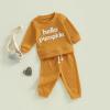 aporake Baby Boy Clothes Fall Winter Outfits Embroidered Long Sleeve Sweatshirt Tops Pants Set Halloween Waffle Knit Clothing (Brown-pumpkin, 3-6 Months) view 3