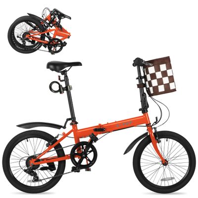 20 Inch Folding Bike for Adults, 7 Speed Foldable Bike with Basket, Lightweight Folding Bicycle with Adjustable Seat & Front and Rear V-Brakes (Orange)