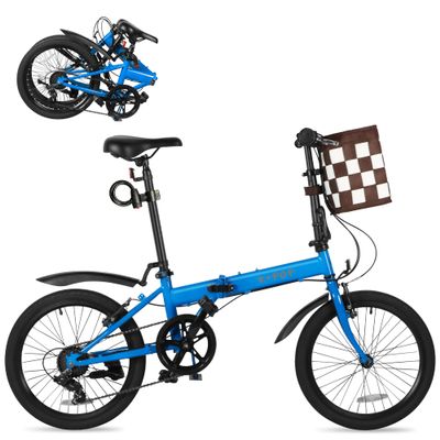 20 Inch Folding Bike for Adults, 7 Speed Foldable Bike with Basket, Lightweight Folding Bicycle with Adjustable Seat & Front and Rear V-Brakes (Blue)