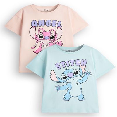 Disney Lilo & Stitch Girls T-Shirt Pack of 2 | Kids Light Blue & Pink Short Sleeve Graphic Tee Set Angel Alien Cute Clothing
