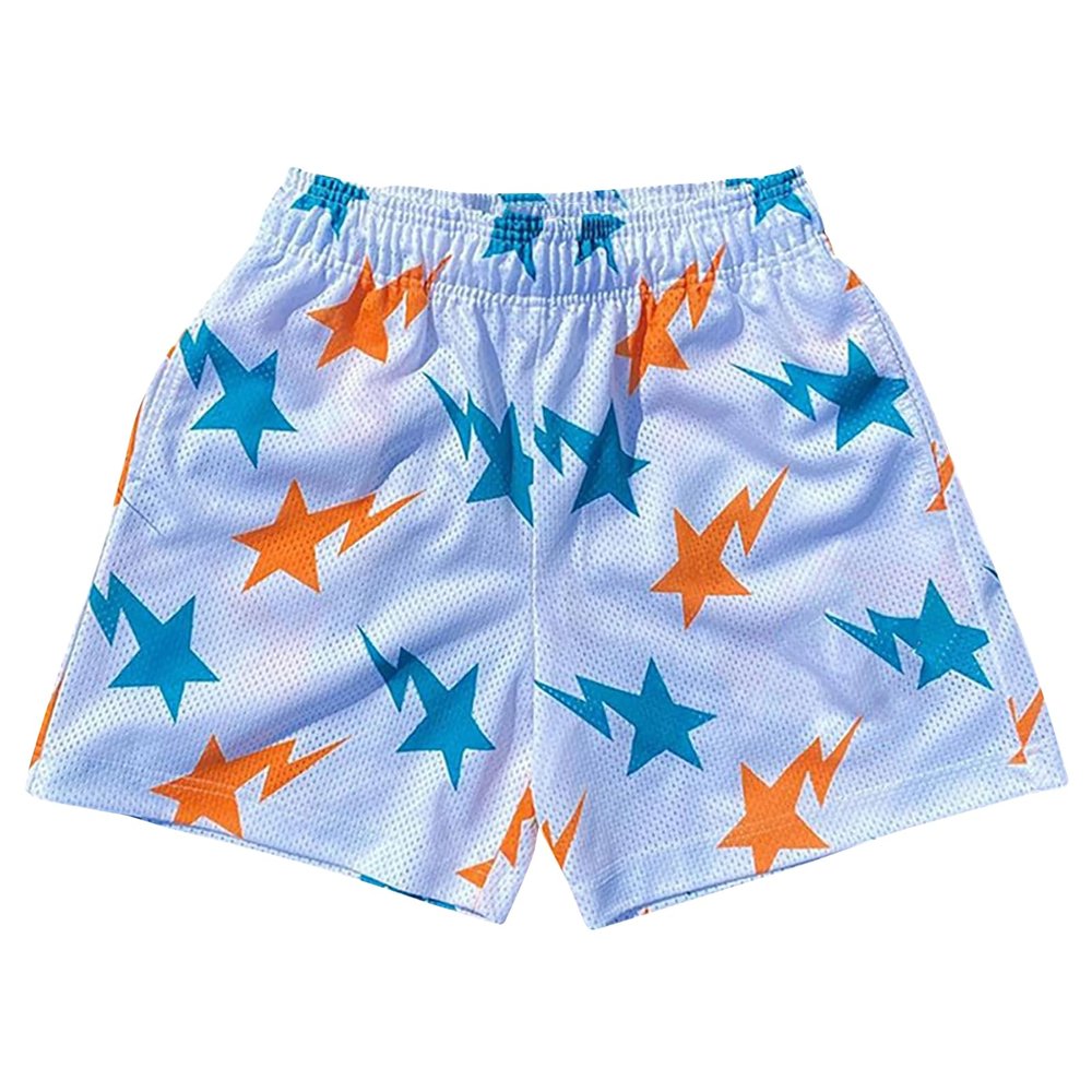 Mens Drawstring Shorts Star Graphic Print Workout Athletic Basketball Casual Summer Running Shorts(White Orange X-Small)