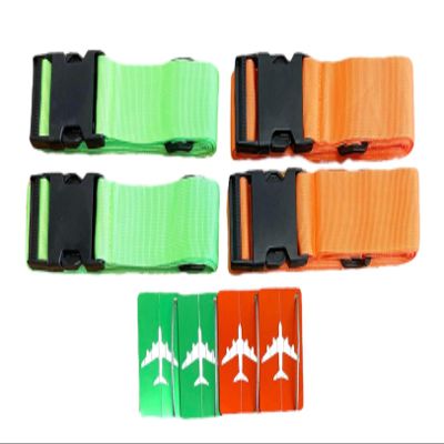 8 Pack Luggage Set, 4 Pack Straps and 4 Pack ID Tags, Adjustable Heavy-Duty 79" Secure Travel Suitcase Belts (Bright Green/Orange)